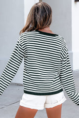 Green Stripe Striped Button Placket Drop Shoulder Long Sleeve Sweater