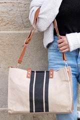 Black Striped Print Contrast PU Leather Handle Patchwork Shoulder Bag