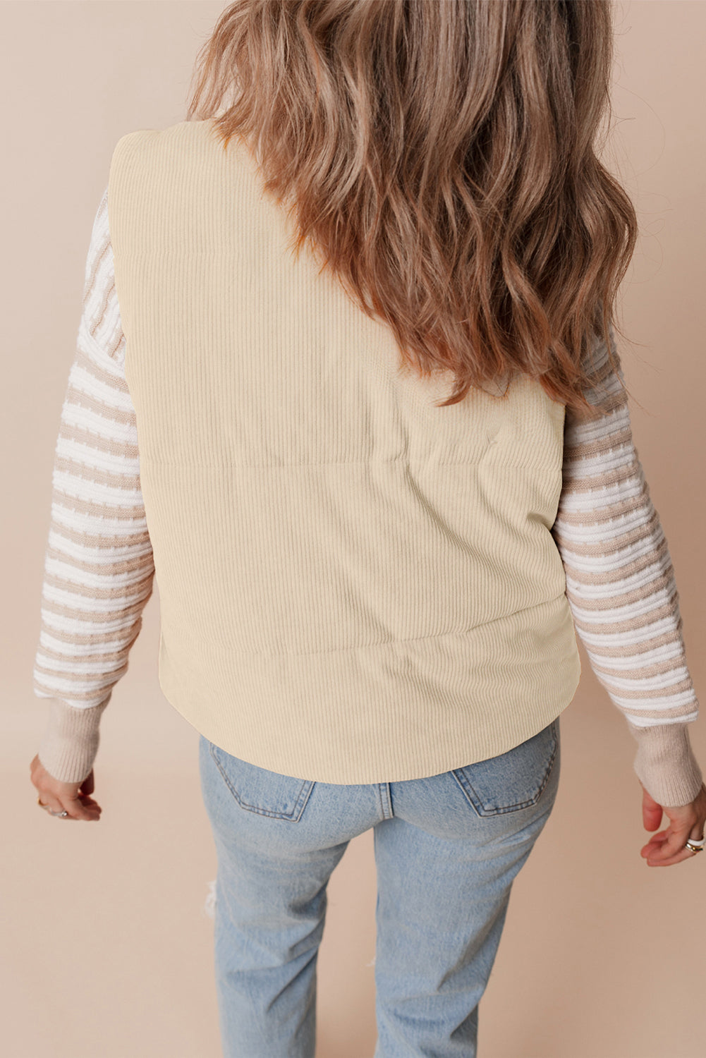 Apricot Pink Corduroy Stand Neck Zipped Puffer Vest