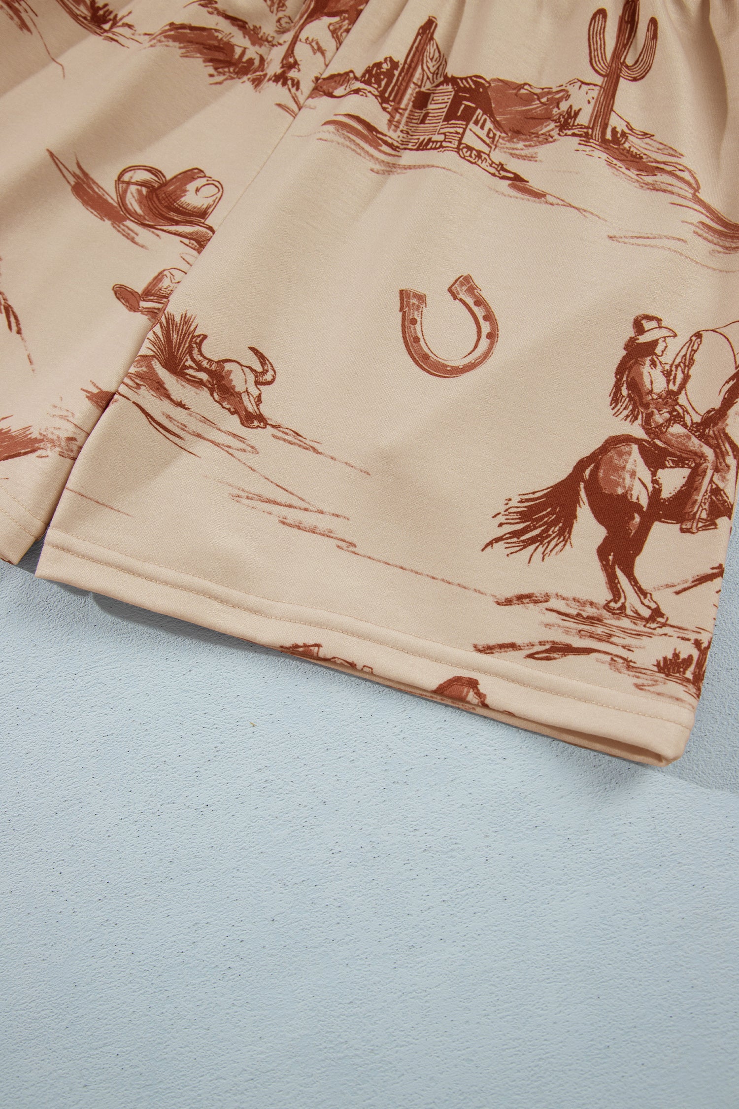 Beige Western Print Loose Fit Long Sleeve Top Short Set