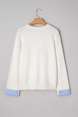 White Plaid Heart Embroidered Cuffed Drop Shoulder Crew Neck Sweater