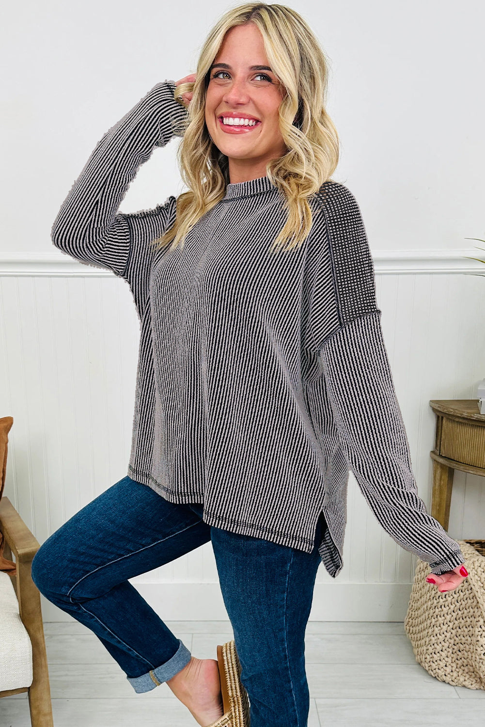 Black Twisted Rib Exposed Seam Detail Long Sleeve Loose Top