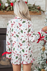 White Christmas Print Ruffle Cuff Long Sleeve Lounge Set