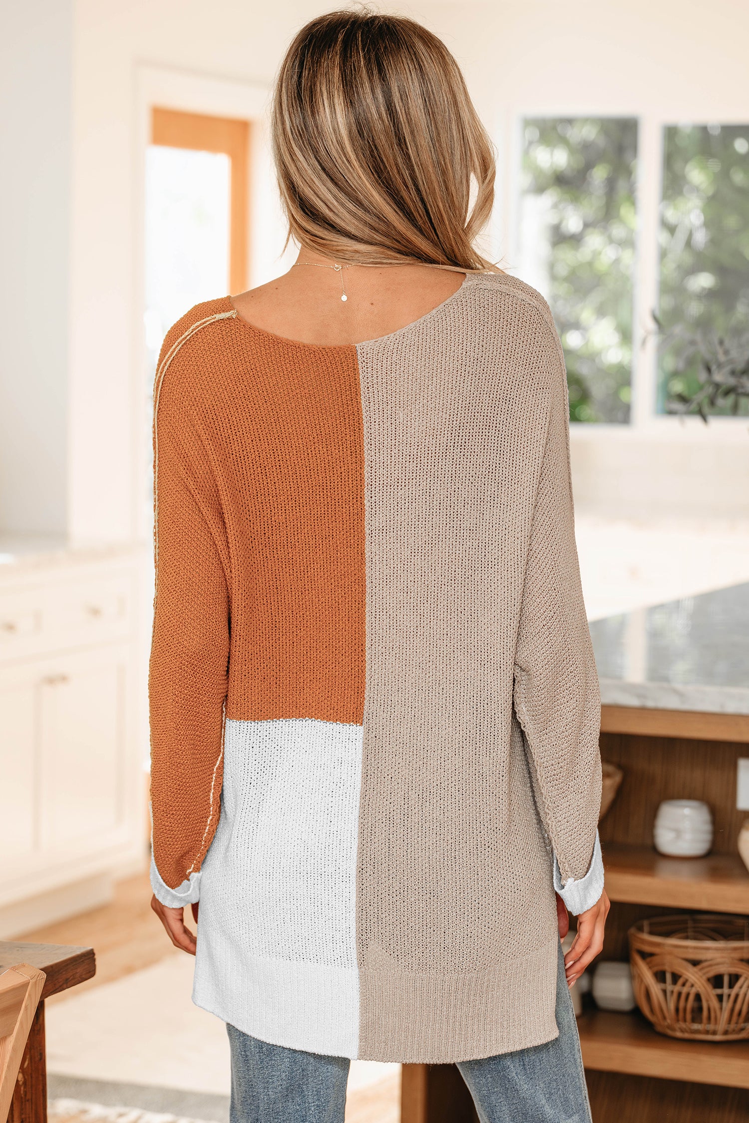 Evergreen Color Block Knit V Neck Loose Sweater