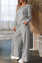 Light Grey Solid Zip Sailor Collar Pullover Athleisure Sweatpants 2pcs Set