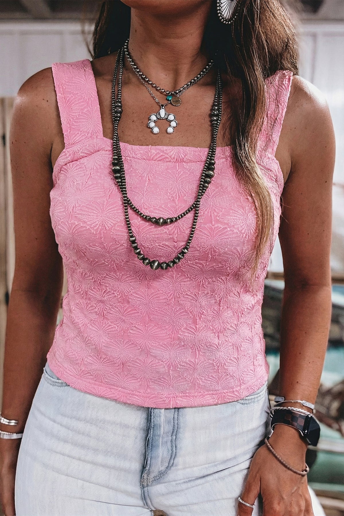 Pink Western Jacquard Square Neck Slim Tank Top