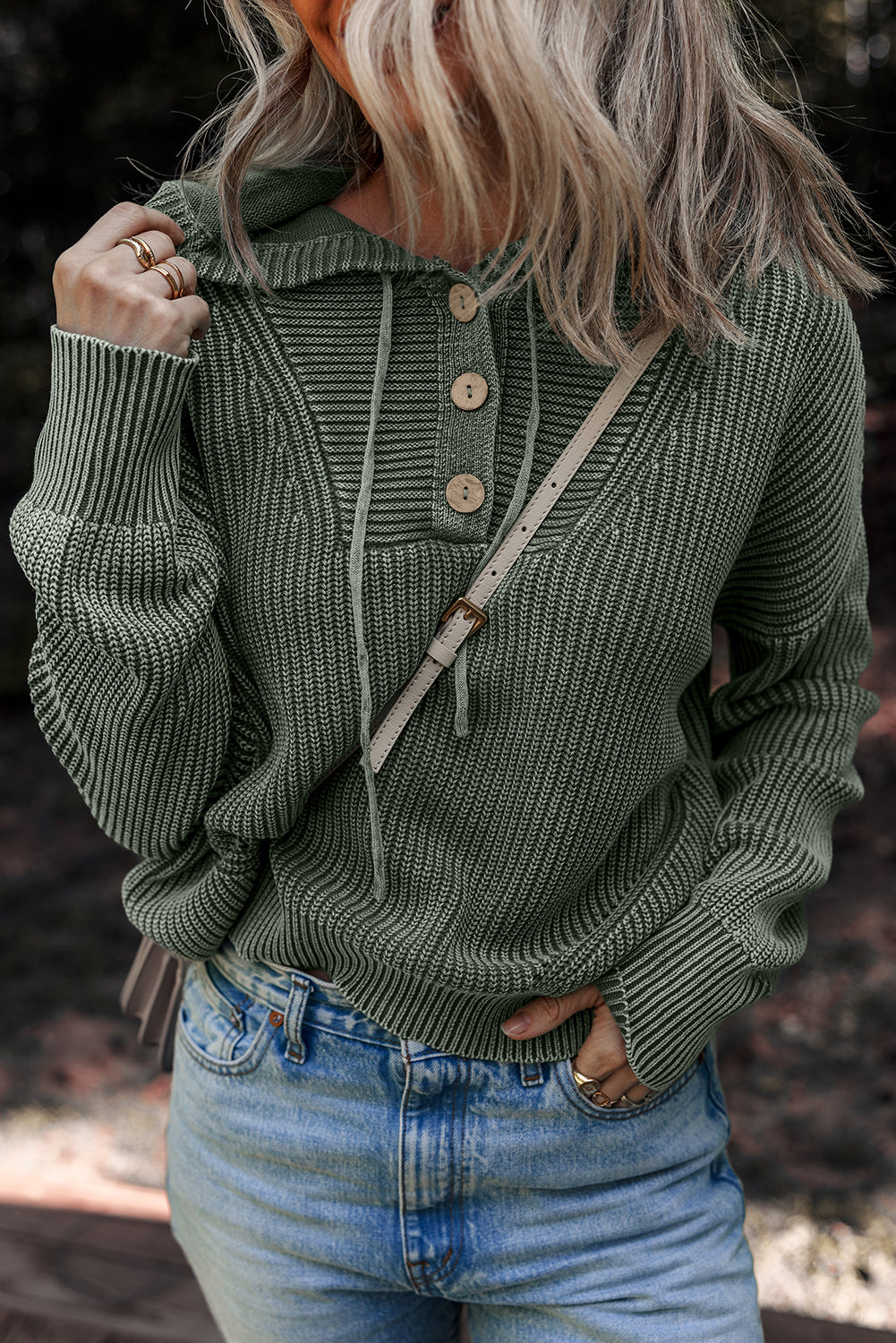 Mist Green Mineral Wash Ribbed Knit Button Drawstring Neck Hooded Sweater