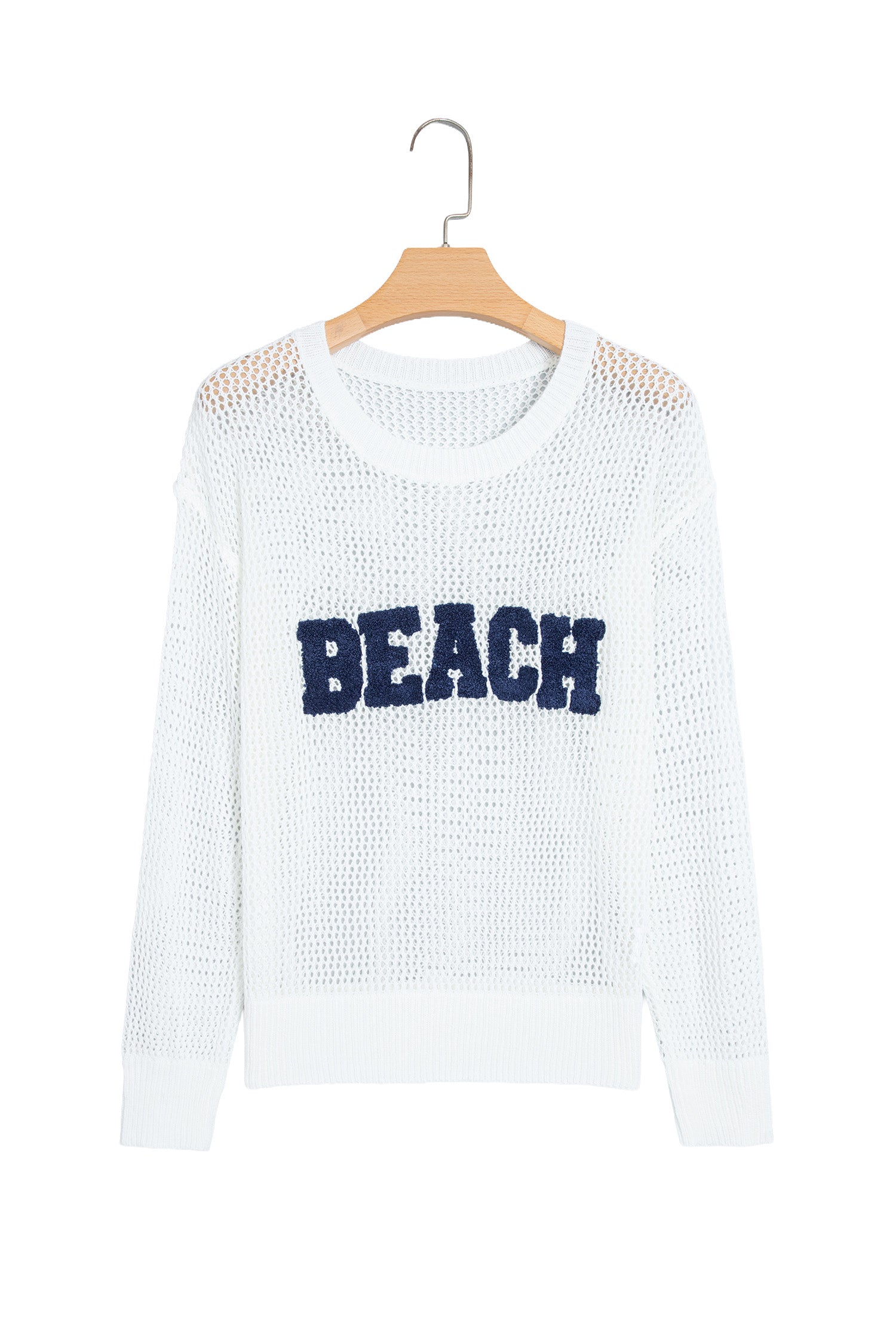 White Chenille BEACH Lettering Hollow Out Knit Casual Sweater