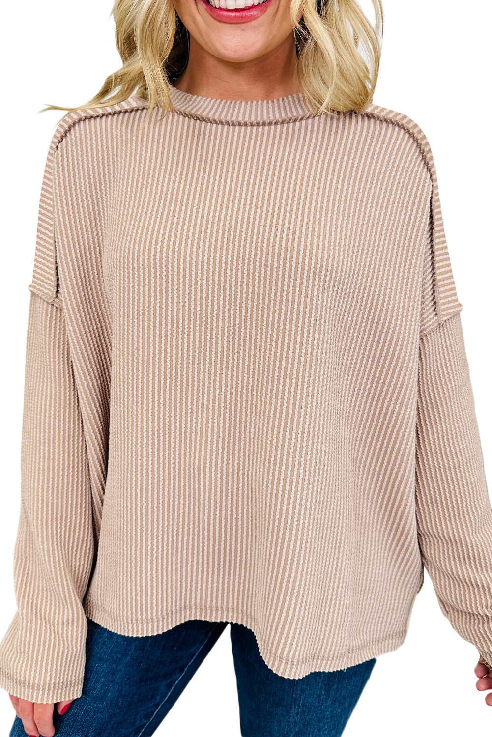 Dark Khaki Twisted Rib Exposed Seam Detail Long Sleeve Loose Top