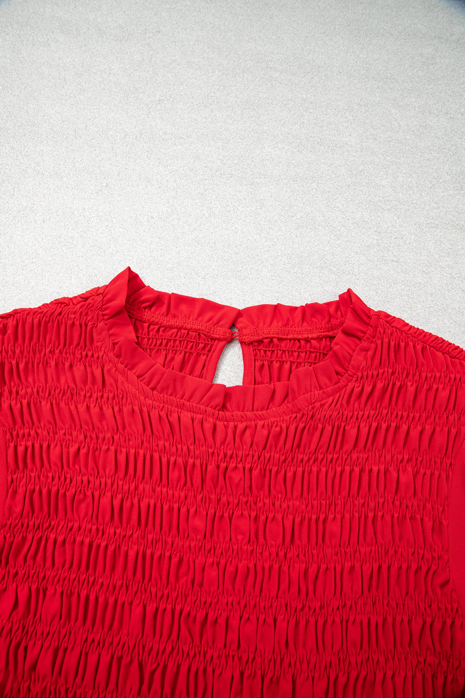 Racing Red Solid Color Smocked Ruffle Hem Long Sleeve Blouse