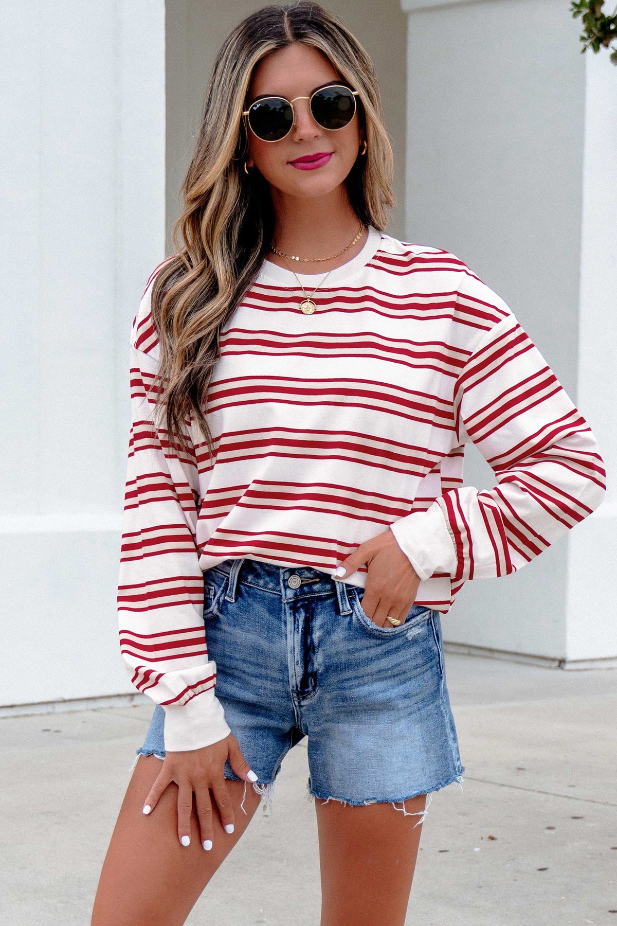 Red Stripe Dropped Shoulder Long Sleeve Casual Pullover Top