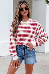 Red Stripe Dropped Shoulder Long Sleeve Casual Pullover Top