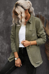Khaki Raw Hem Distressed Denim Shirt Jacket
