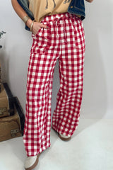 Red Gingham Plaid Tie Elastic Waist Shift Pants
