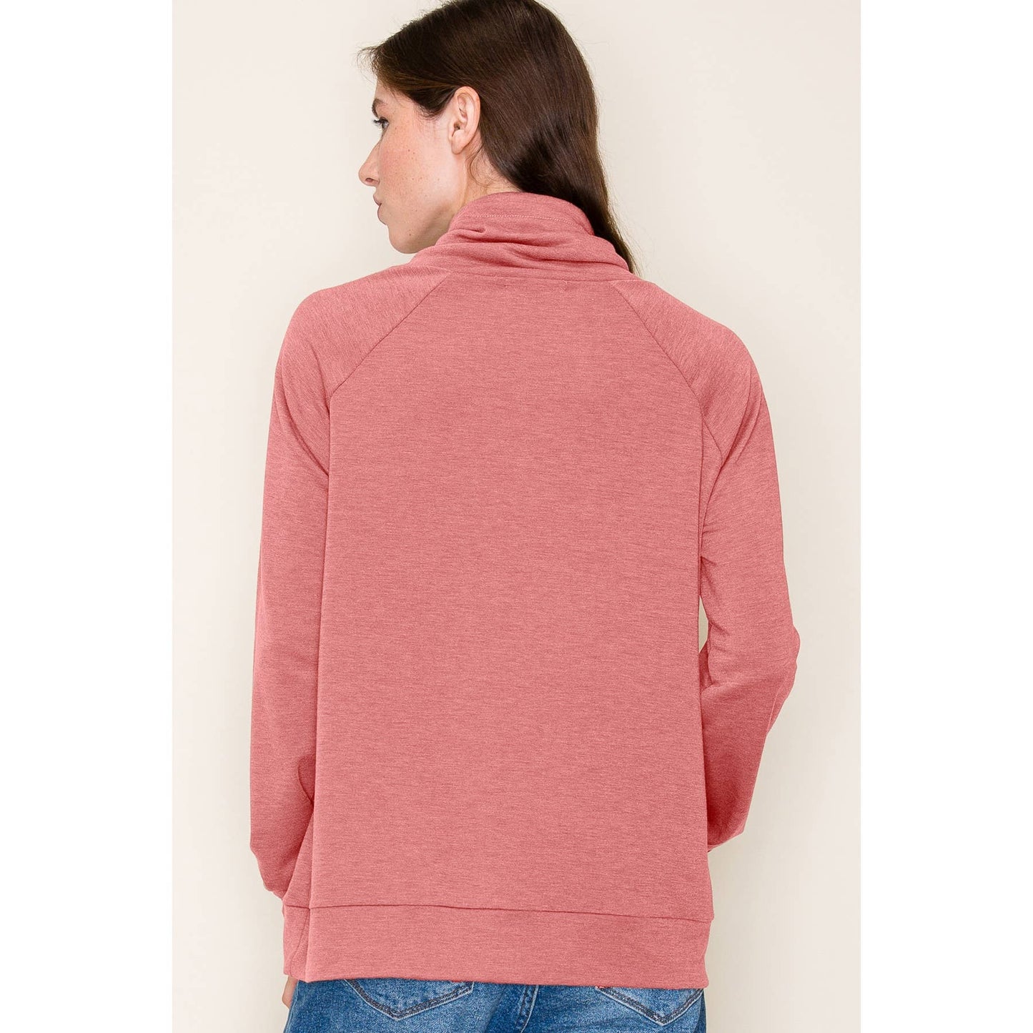 DRAWSTRING COWL NECK LONG SLEEVE FRENCH TERRY TOP