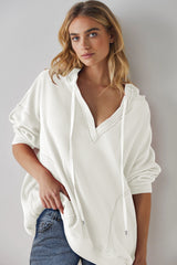 White Oversize Waffle Drop Shoulder Exposed Seam V Neck Hoodie