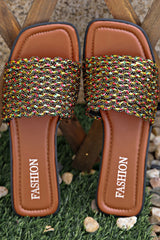 Red Dahlia Glitter Braided Square Toe PU Leather Slippers