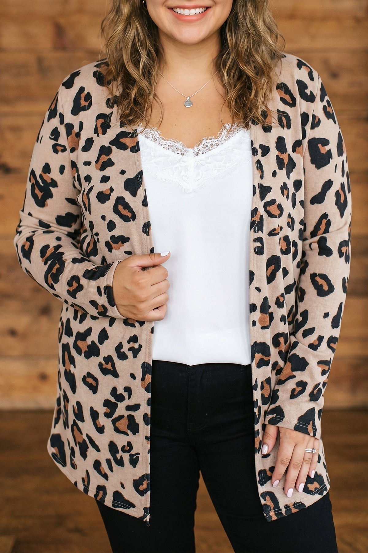Khaki Leopard Print Long Sleeve V Neck Tunic Plus Size Cardigan