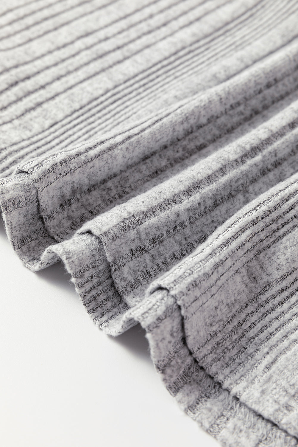 Gray Rib Texture Contrast Trim Round Neck Long Sleeve Top