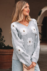Gray Cute Flower Print V Neck Drop Shoulder Baggy Sweater