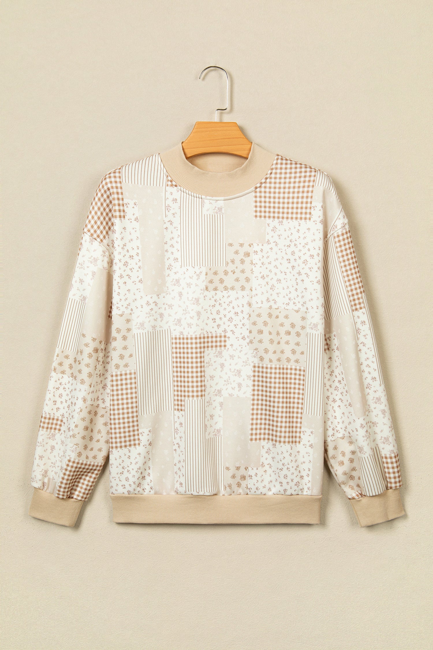 Khaki Patchwork Floral Print Mock Neck Long Sleeve Sweatshirt