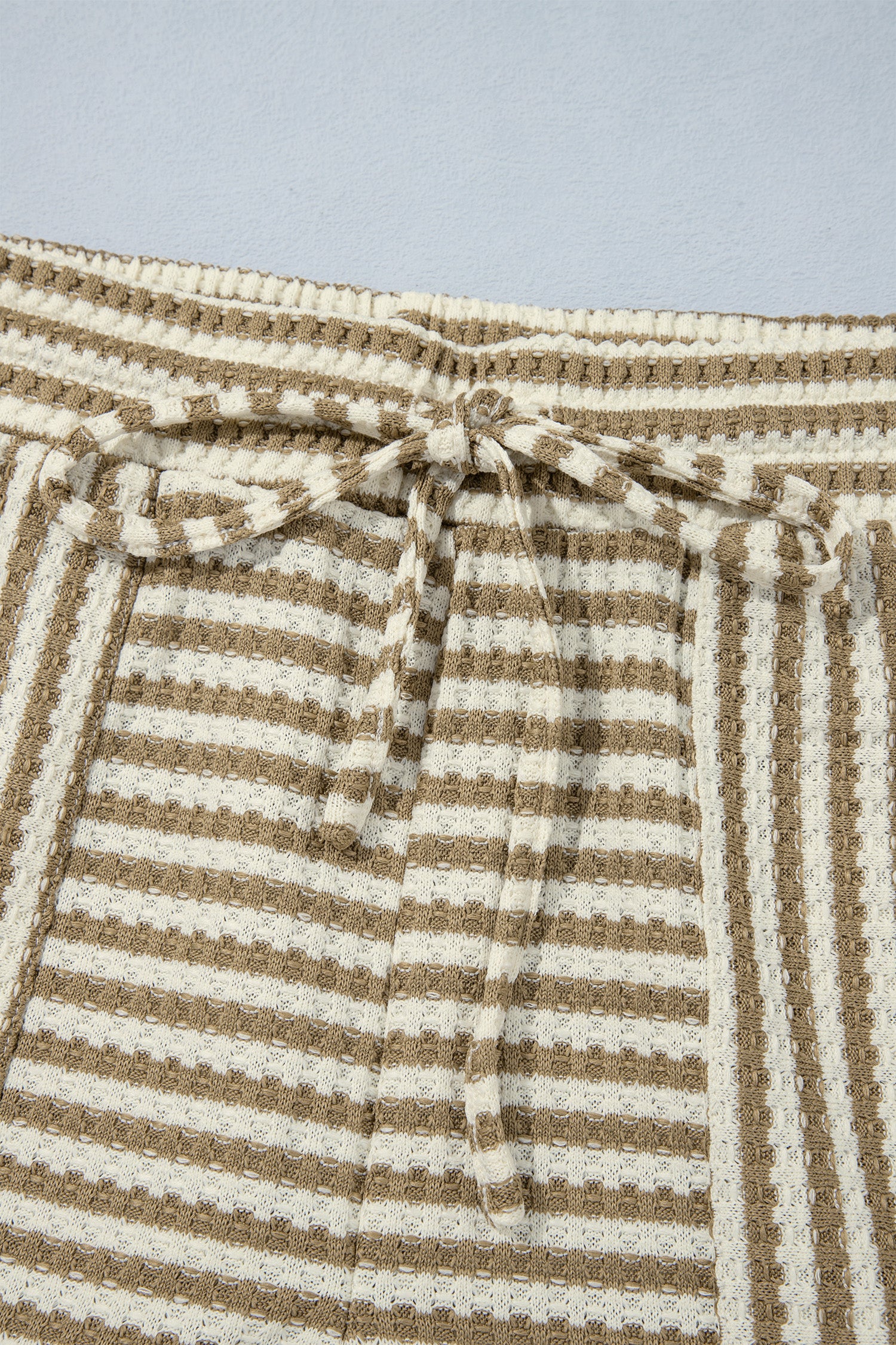Brown Stripe Textured Knit Long Sleeve Top Elastic Waist Shorts Casual Outfit