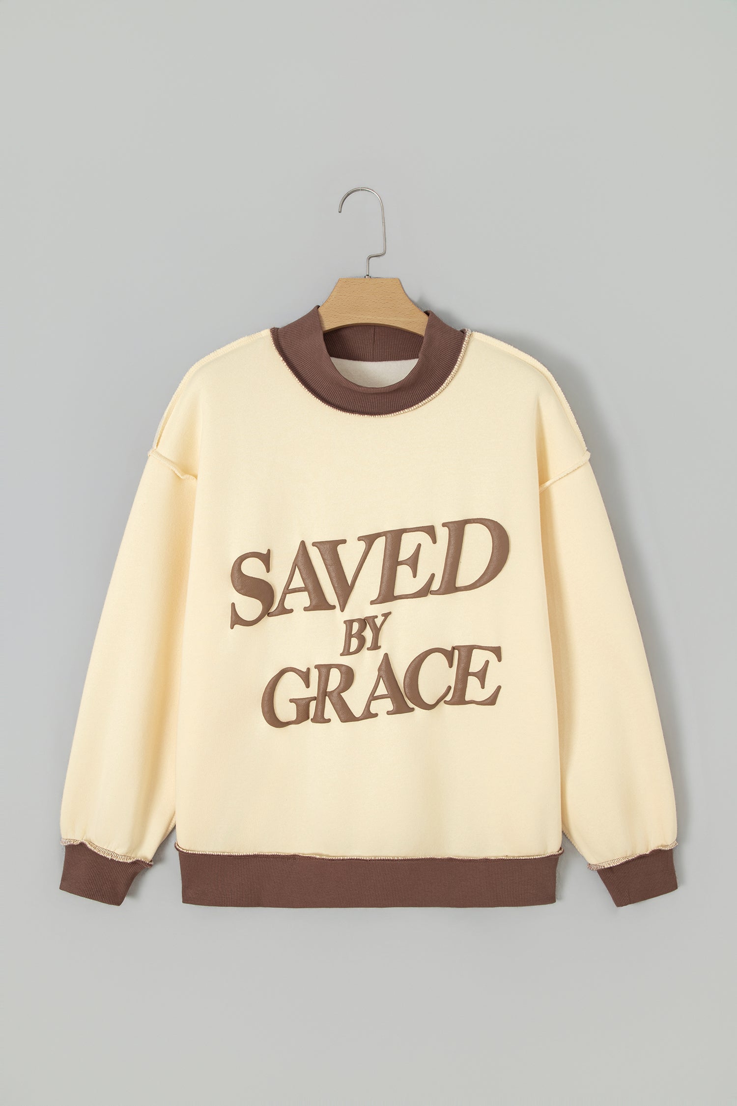 Beige Saved By Grace Print Color Block Mock Neck Oversized Sweatshirt