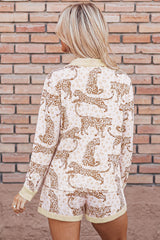 Yellow Leopard Print Colorblock Pocket Placket Long Sleeve Lounge Set