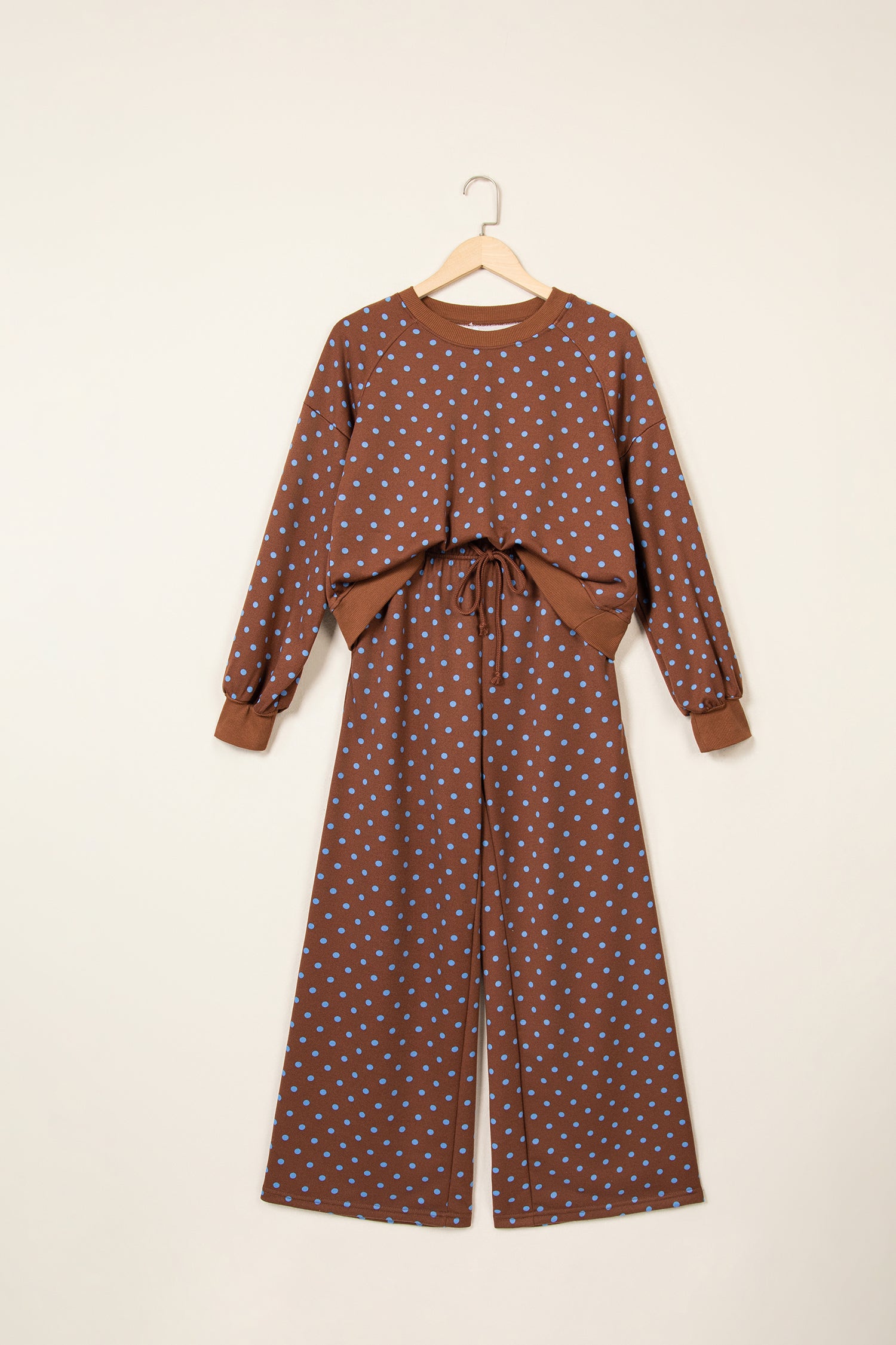 Brown Polka Dot Drawstring Wide Leg Long Sleeve Top Pant Set