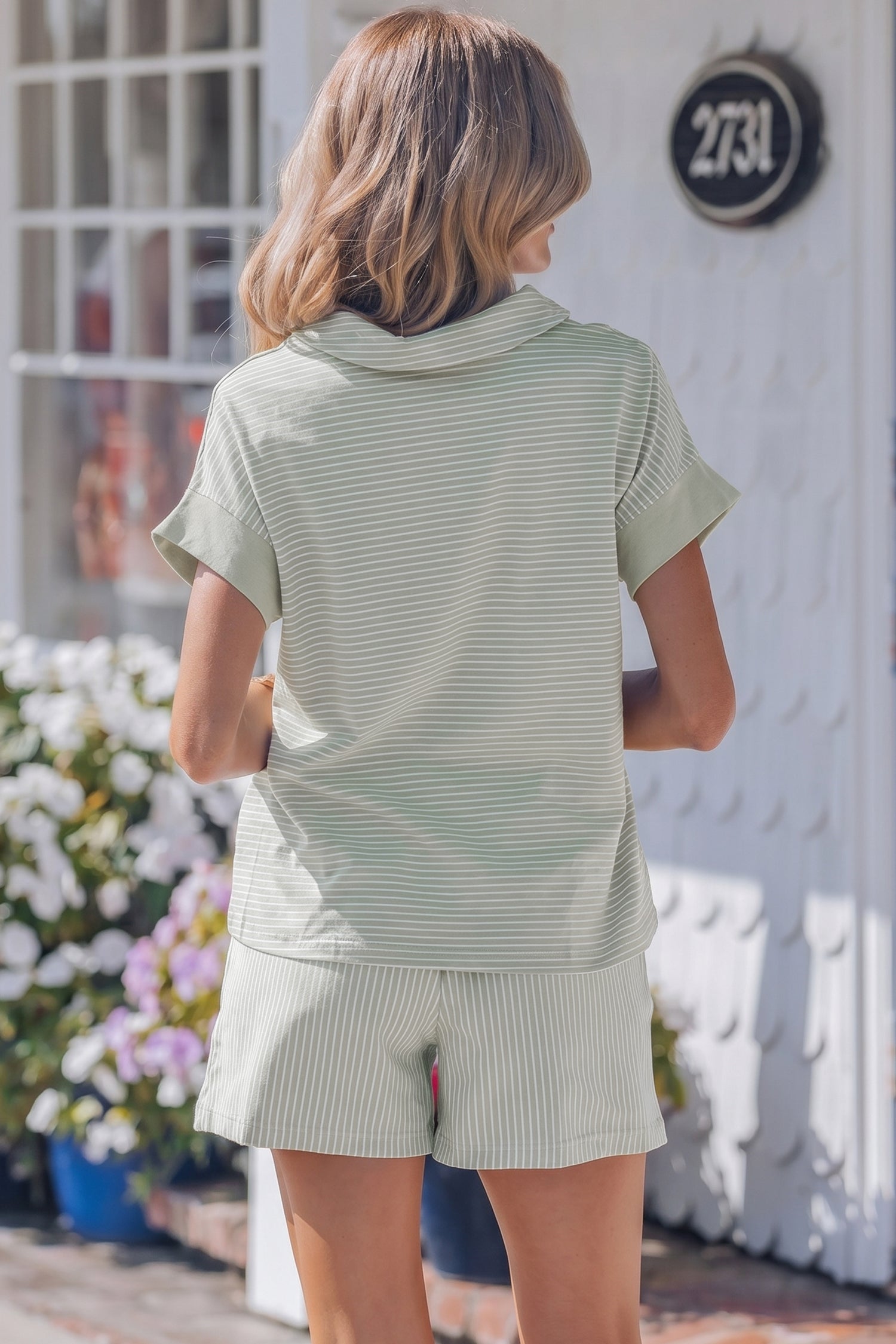 Sky Blue Stripe Dolman Sleeve Polo Shirt and Drawstring Shorts Set