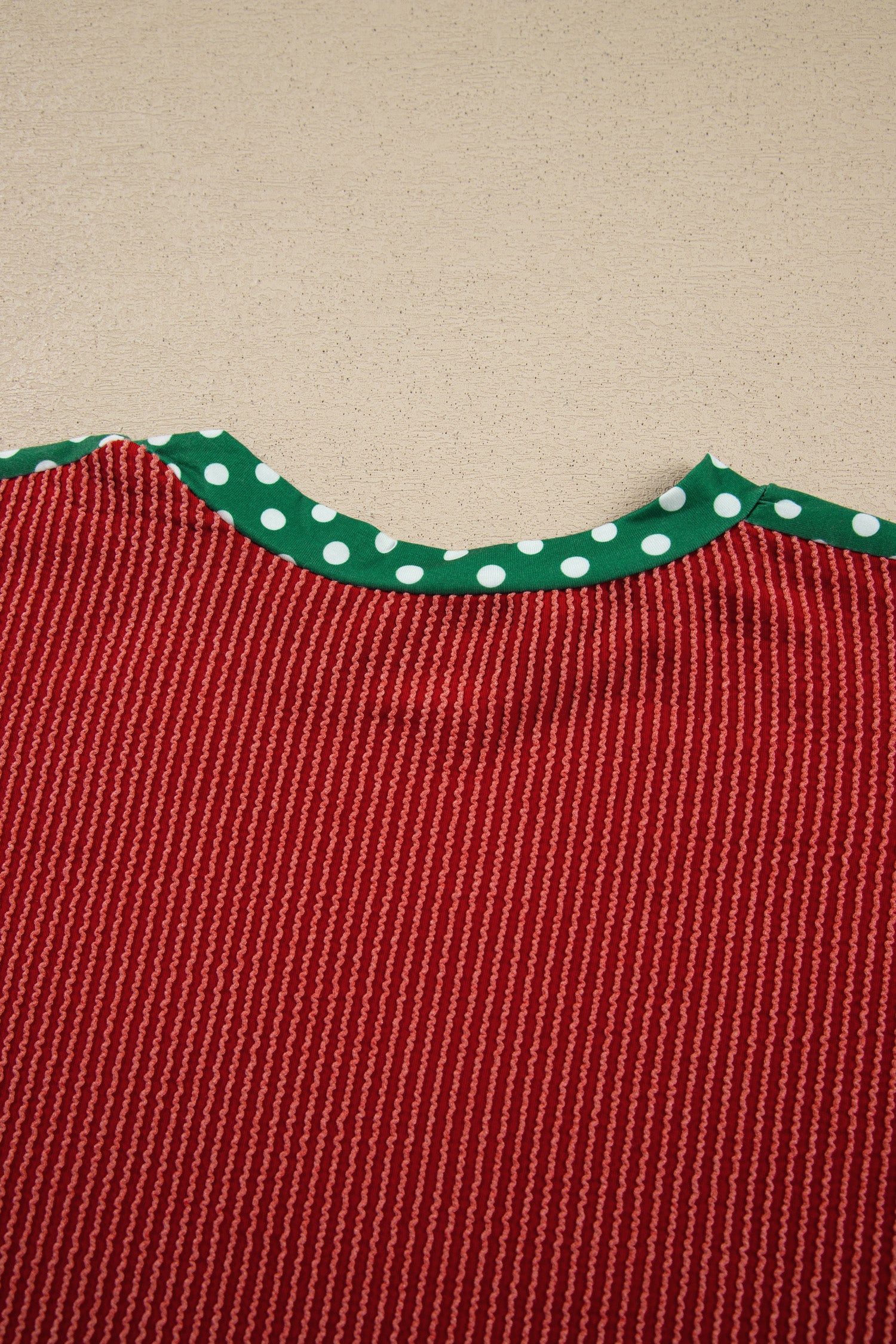 Red Cozy Ribbed Patchwork Polka Dot Trim Long Sleeve 2pcs Pant Set