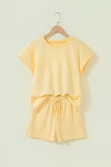 Yellow  Eyelet Lace Patchwork Sleeve Short 2pcs Outfit