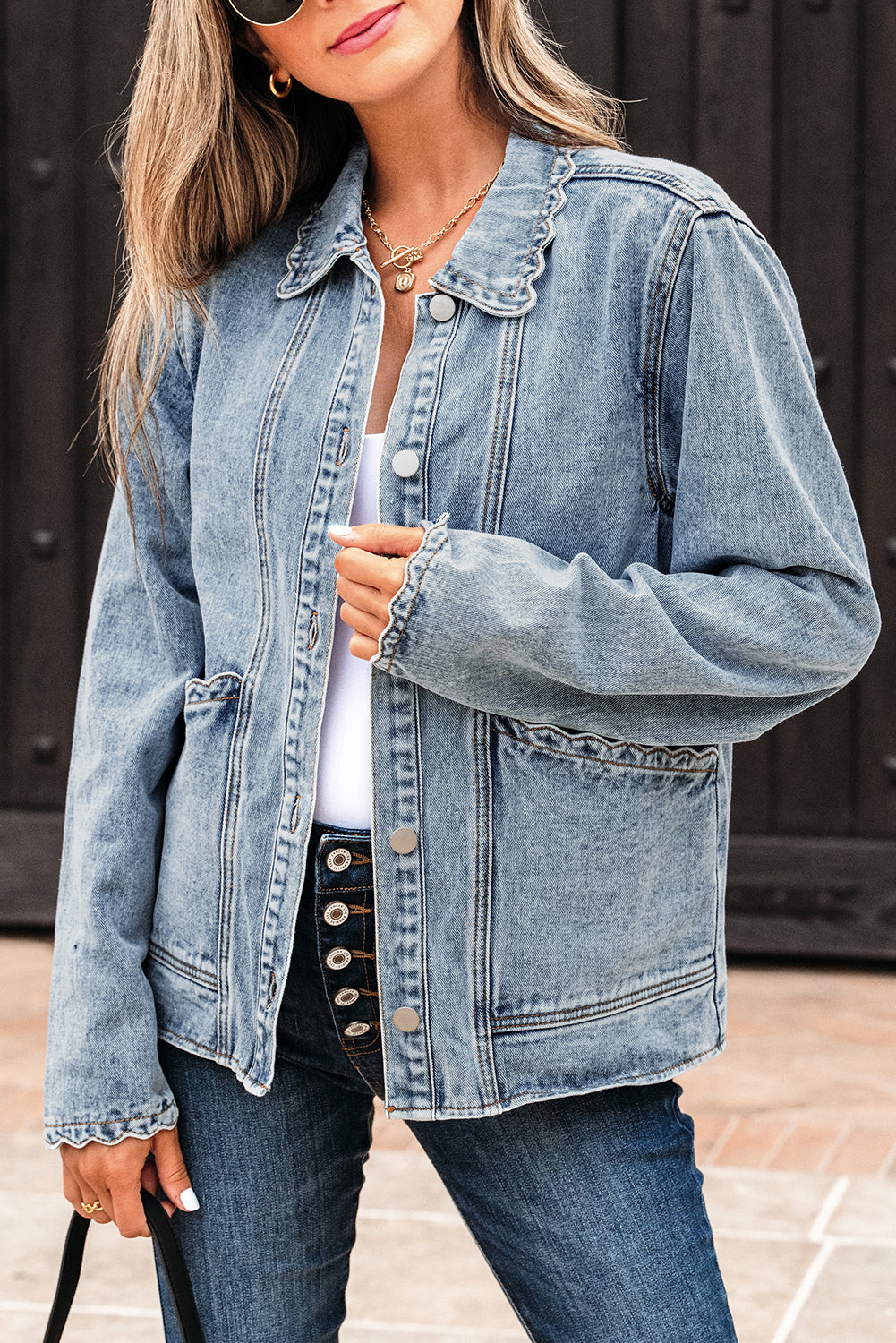 Myosotis Scallop Trim Collar Patched Pocket Button Up Mineral Washed Denim Jacket