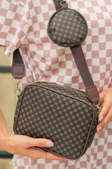 Coffee PU Leather Geometric Pattern Adjustable Strap Shoulder Bag with Wallet
