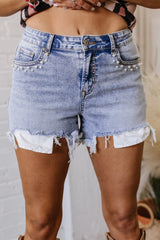 Beau Blue Pearl Studded Pockets Raw Hem Denim Shorts