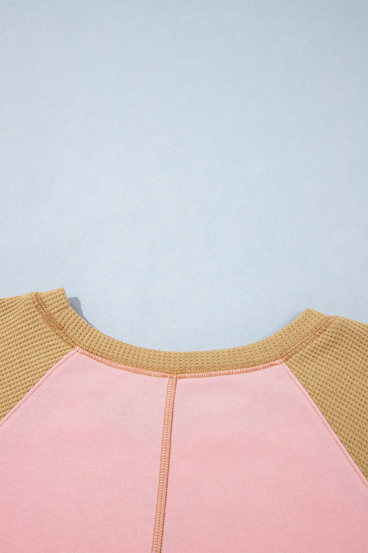 Apricot Pink Color Block Floral Waffle Mixed Patchwork Long Sleeve Top