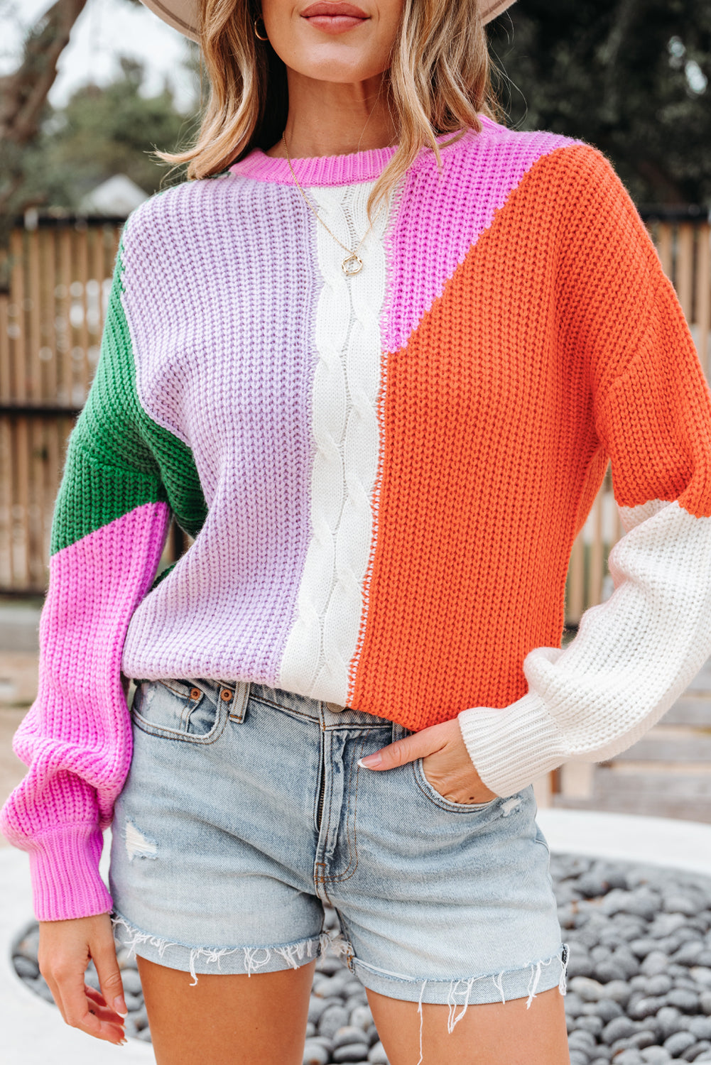 Desert Gold Color Block Textured Knit Drop Shoulder Loose Fit Sweater