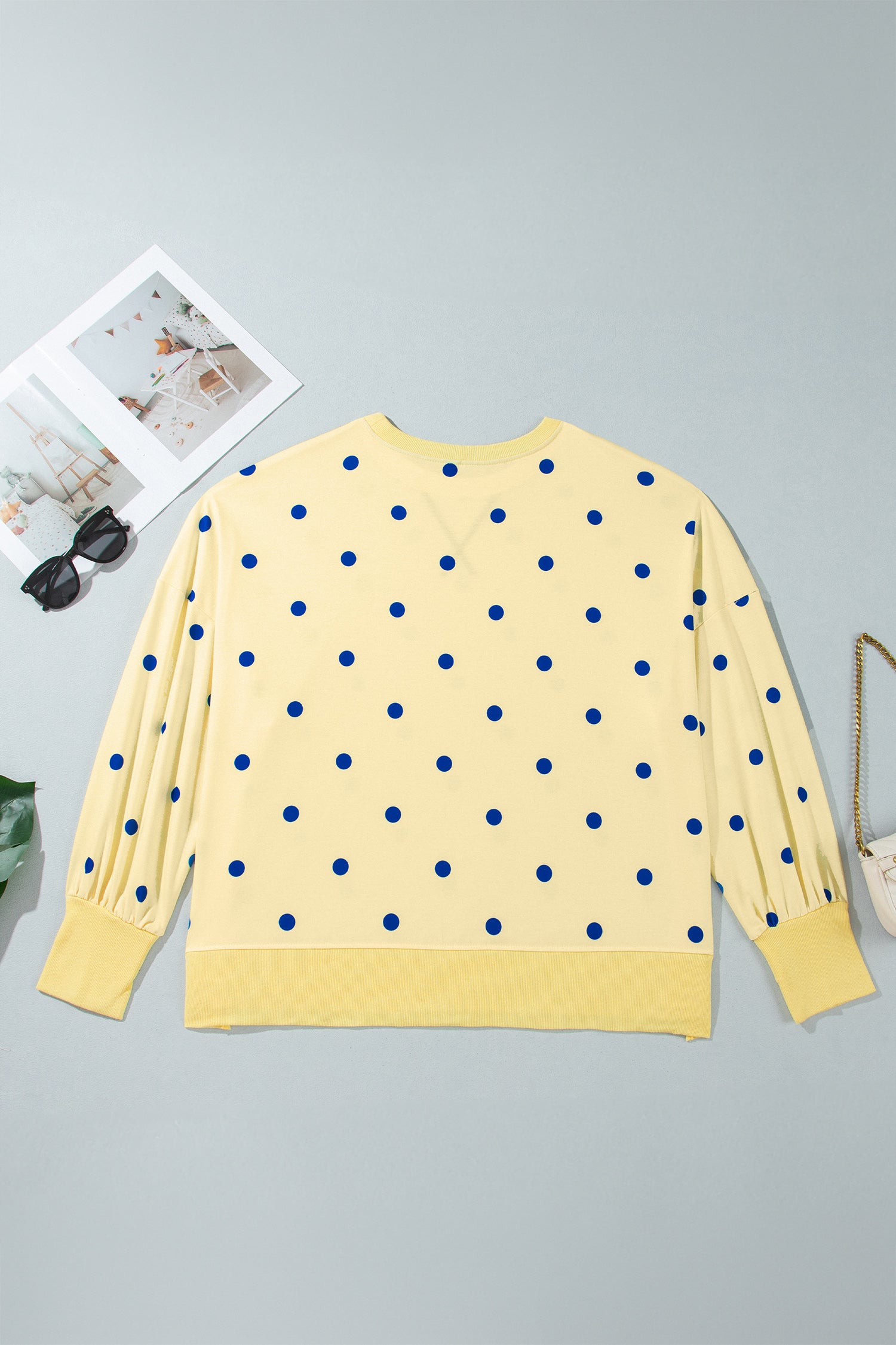 Beige Round Neck Long Sleeve Polka Dot Plus Size Top