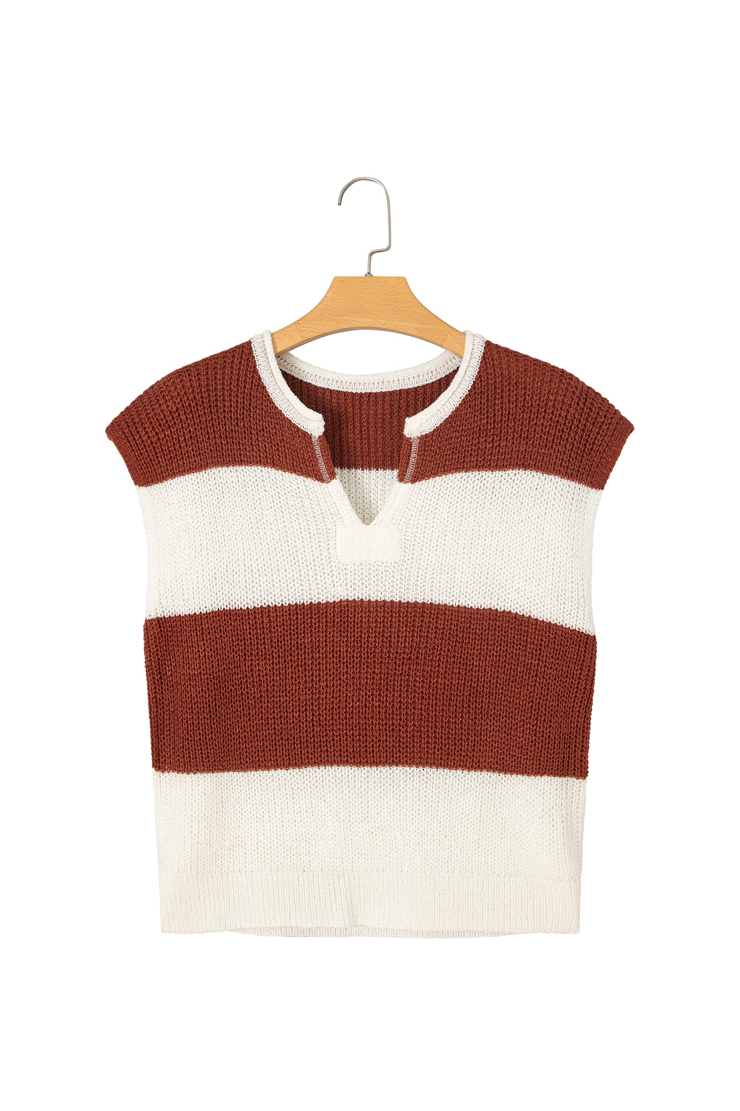 Brown Stripe Striped Colorblock Knit V Neck Short Sleeve Loose Sweater