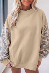 Coffee Camouflage Sleeve Crewneck Baggy Pullover Sweatshirt