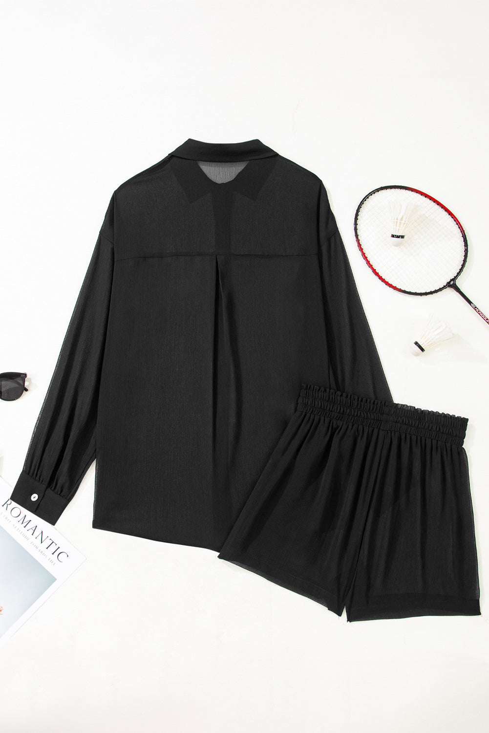 Beau Blue Sheer Tunic Shirt Drawstring Shorts 2pcs Swim Cover Up
