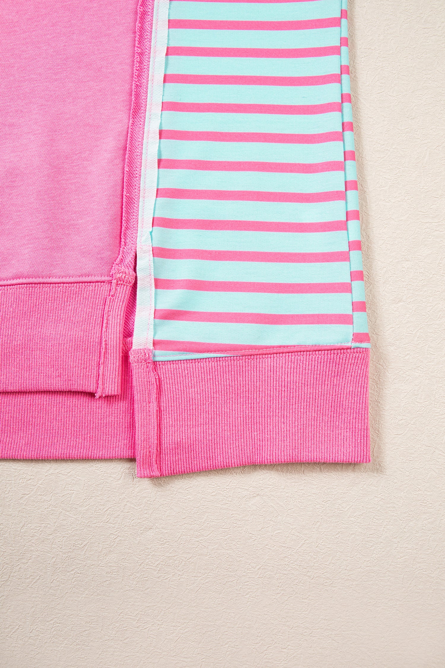 Rose Stripe Color Block Patchwork Relaxed Split Long Sleeve Top