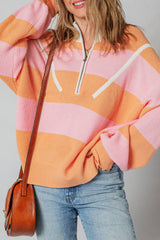 Orange Stripe Colorblock Half Zip Oversize Sweater