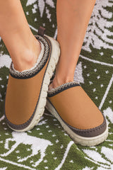 Coffee Faux Suede Woven Trim Plush Lining Platform Slippers