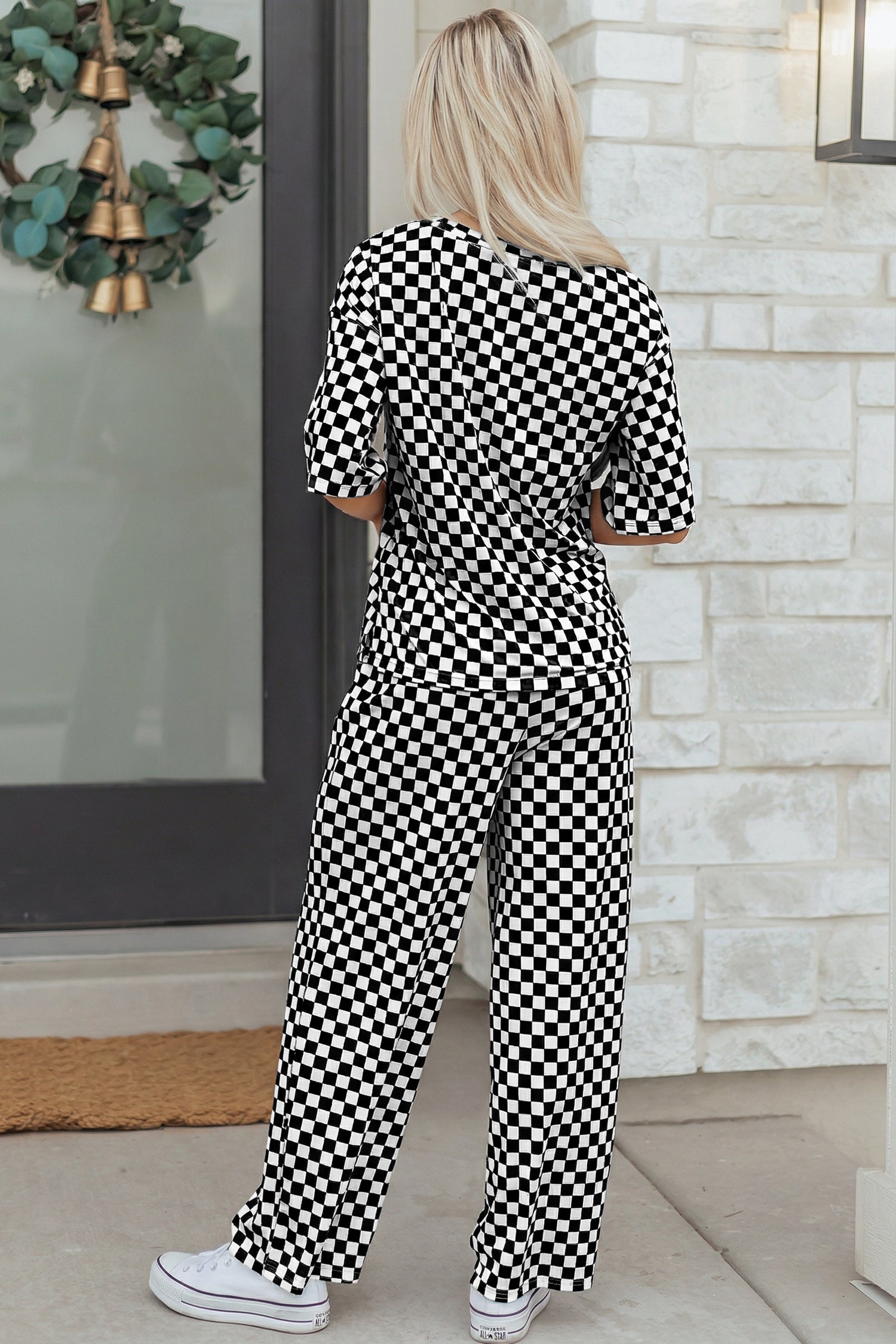 Khaki Checkered Print Half Sleeve Tee 2pcs Lounge Pant Set