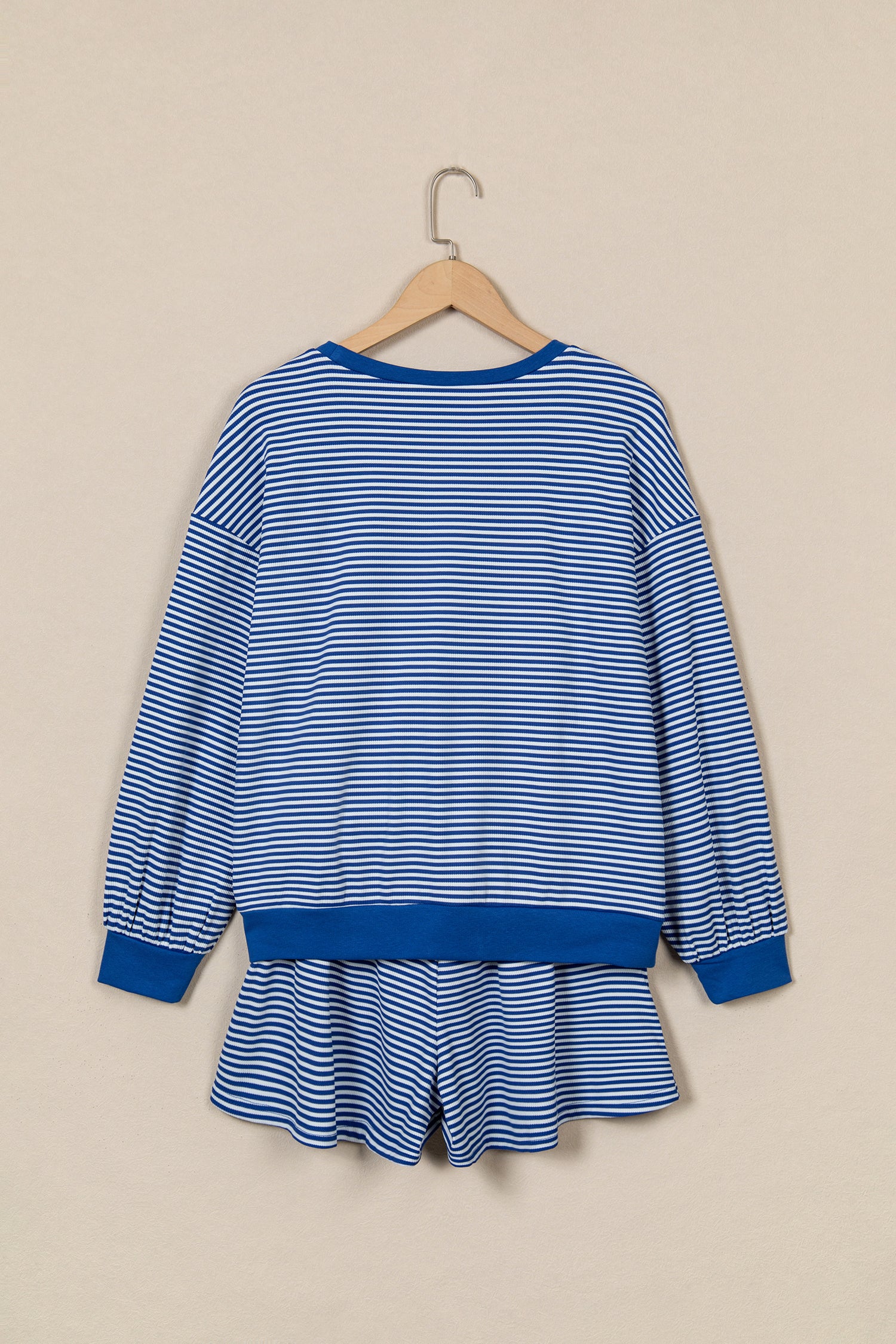 Brown Stripe Oversized Long Sleeve Top Drawstring Loose Shorts 2pcs Set