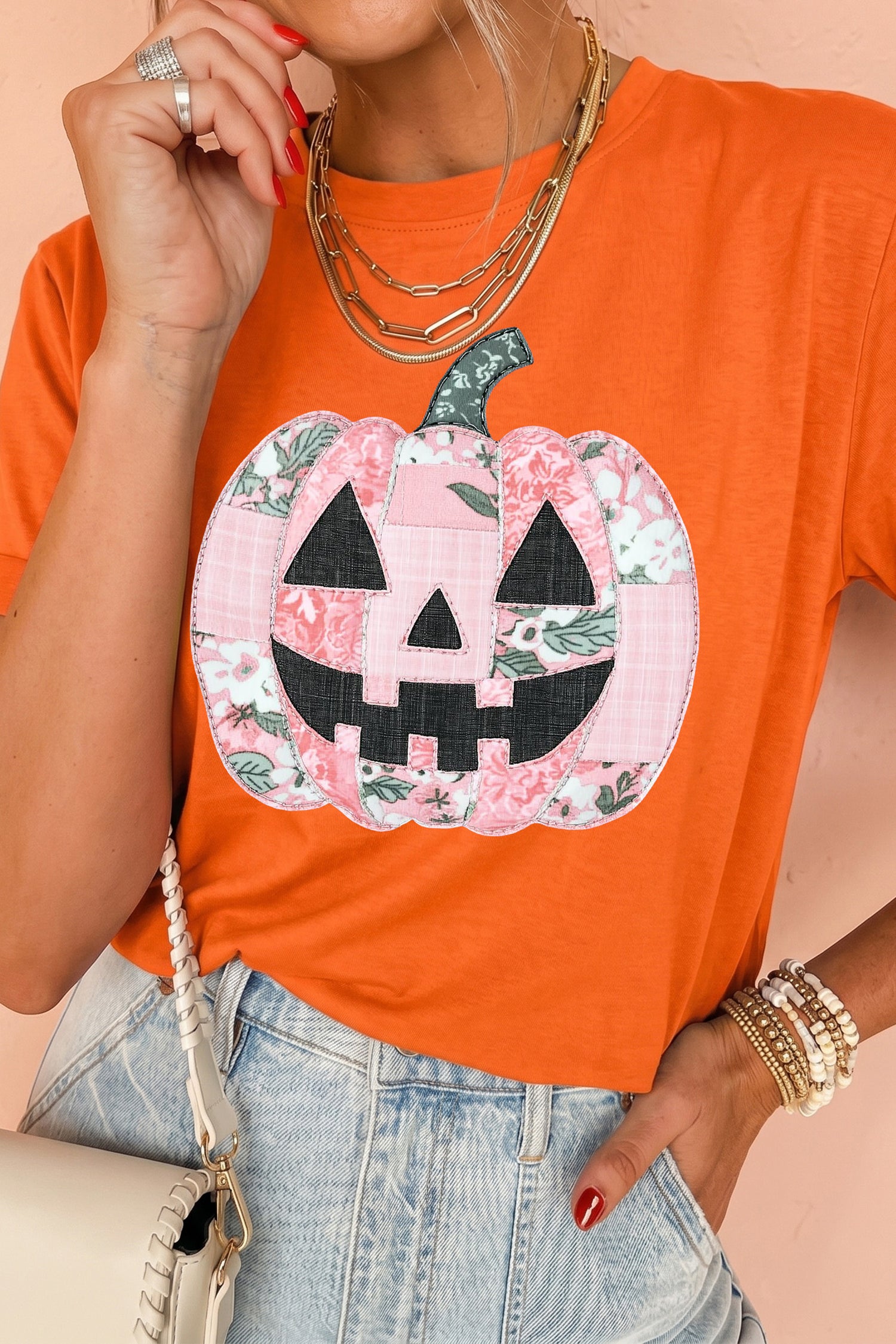 Orange Patchwork Pumpkin Graphic Short Sleeve Round Neck Tee