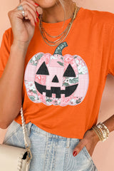 Orange Patchwork Pumpkin Graphic Short Sleeve Round Neck Tee