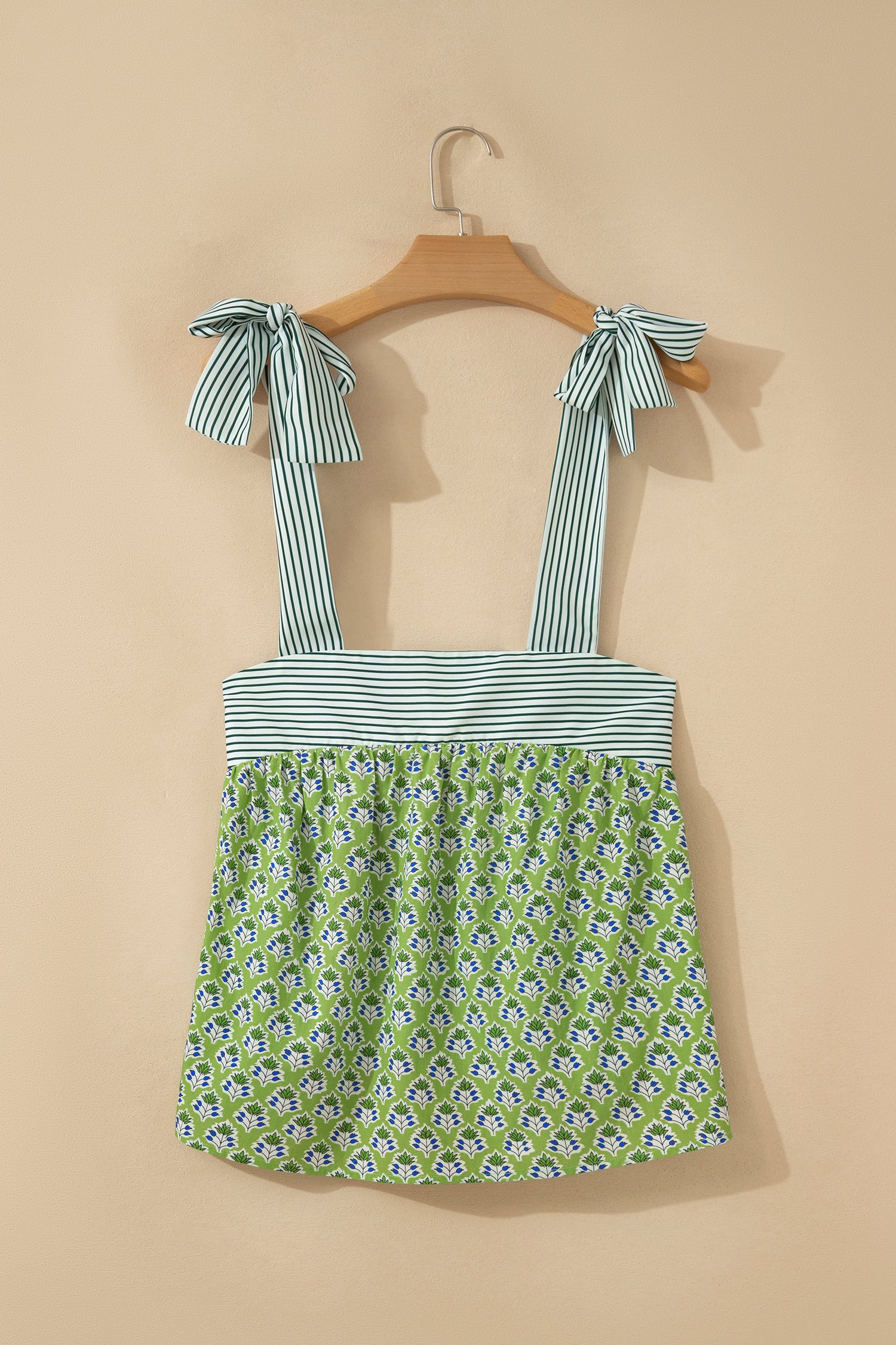 Green Floral Printed Knot Straps Babydoll Tank Top