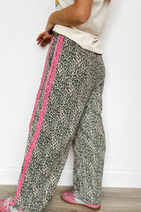 Brown Wild Leopard Print Contrast Lace Striped Detail Drawstring Pants